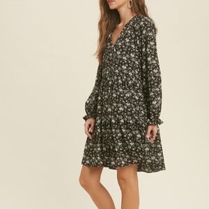 Black and Grey Floral Long Sleeve Tiered Dress